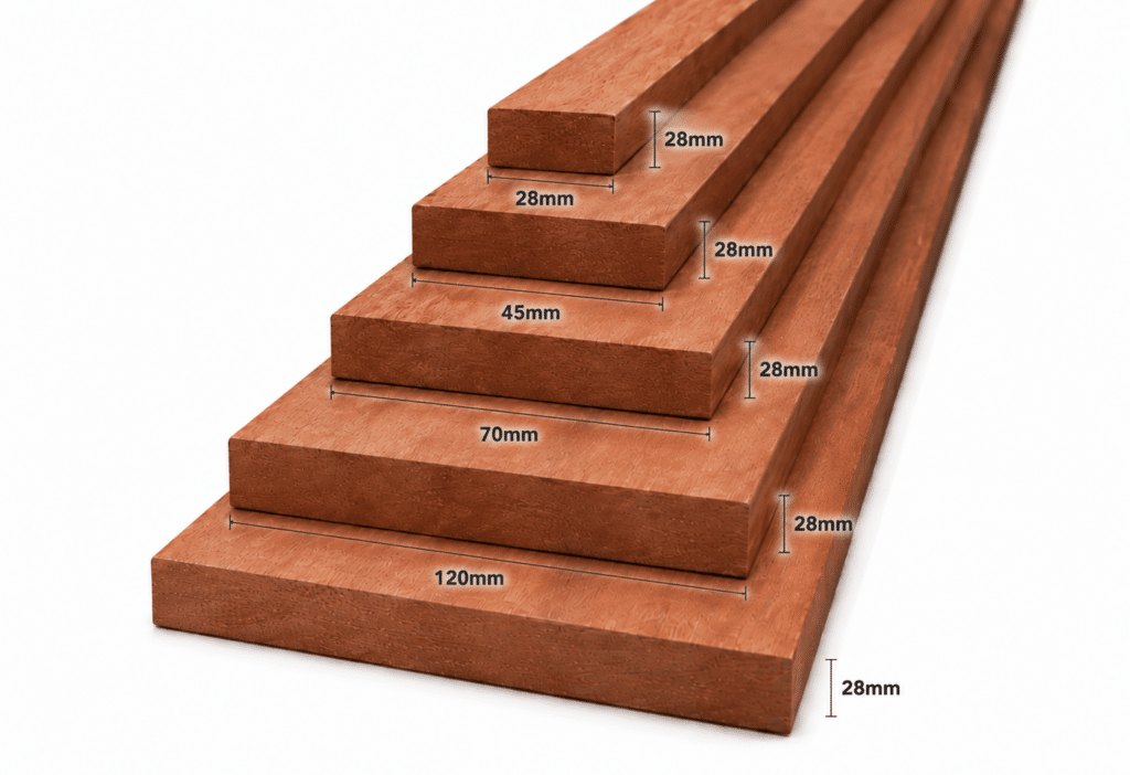 Geschaafd meranti hout 28mm – rondom glad