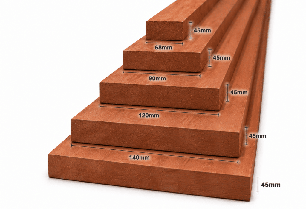 Geschaafd meranti hout 45mm – rondom glad