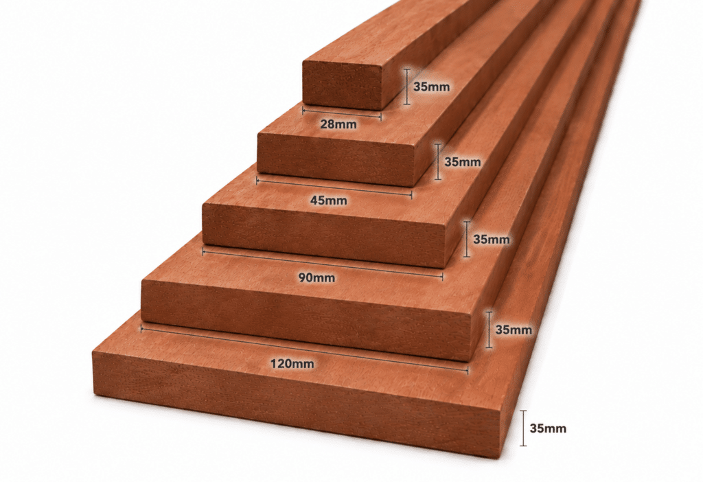 Geschaafd meranti hout 35mm – rondom glad